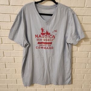 Nautica Sky Blue V-Neck Tee with Red Print